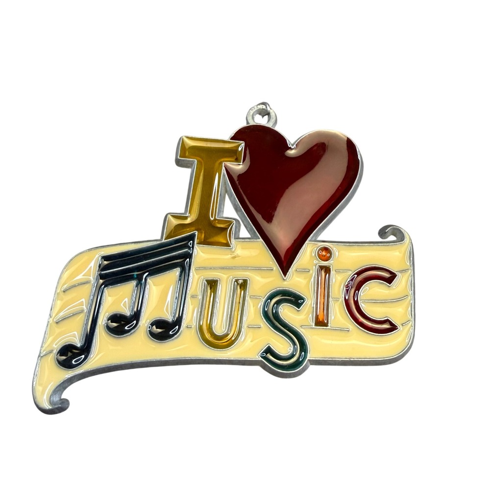 Vintage CJC I Love Music Suncatcher Faux Stained Glass Heart Musical‎ Note Decor